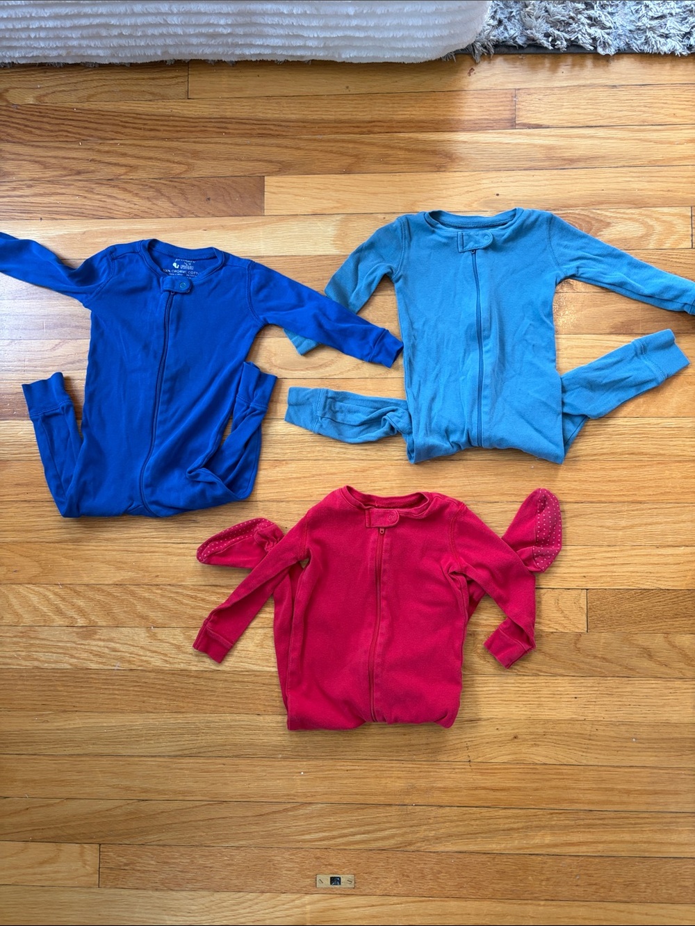 Primary Zip-Front Kids Hooded Sleepers in Blue, Teal & Red
